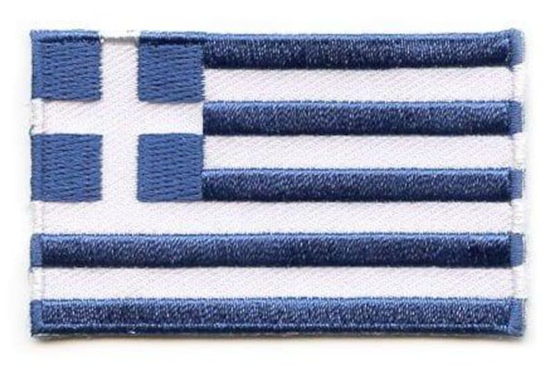 Greece flag patch with blue and white stripes, 6.5 x 4 cm, featuring a white cross on a blue background in the corner.
