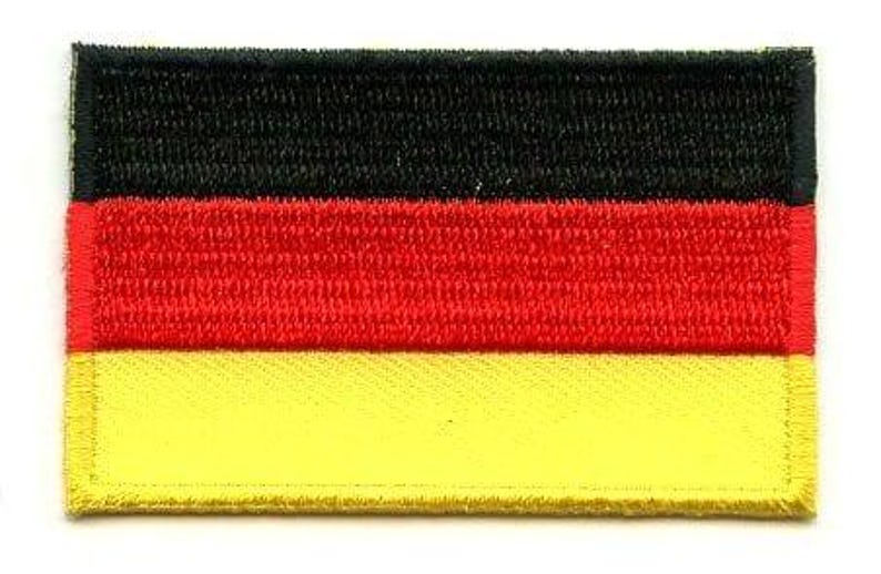 Germany flag patch with black, red, and gold horizontal stripes, size 6.5 x 4 cm.