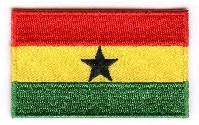 Ghana flag patch with red, yellow, and green stripes and black star.