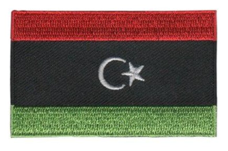 Libya flag patch with crescent and star design, 6.5 x 4 cm.