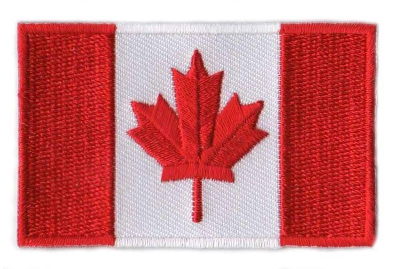 Canada flag patch with red maple leaf on white stripe between red stripes, size 6.5 x 4 cm.