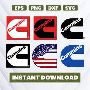Op de afbeelding: Een verzameling van zes digitale grafische bestanden met het Cummins-logo in verschillende kleurenschema's, waaronder rood, zwart, wit, blauw en een Amerikaans vlagpatroon. De tekst EPS, PNG, DXF, SVG en INSTANT DOWNLOAD is zichtbaar.