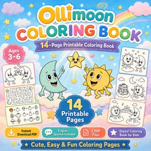Puede incluir: Libro para colorear Ollimoon, un libro imprimible de 14 páginas para edades de 3 a 6 años. La portada muestra personajes de dibujos animados de sol, luna y estrellas sobre un cielo azul con nubes y un arcoíris. Incluye texto en inglés y español.