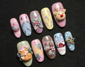 Handmade Cute Christmas Wonderland Press On Nails | Playful Pastel 3D Reindeer Fox Pine Cone Art | Festive Holiday Winter Village Nails