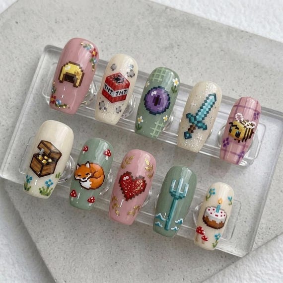 Pixel Game Press On Nails | Cute Video Game Pixel Art Fake Nails | Short Gamer Girl Nails | Hand Painted False Nails