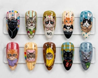 Handmade Cute Cat Press On Nails | Kawaii Playful Kitten Hand Painted Art | Quirky Colorful Graphic Daily Nails