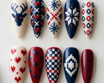 Handmade Nordic Folk Art Press On Nails | Scandinavian Pixel Hearts Snowflakes Geometric Nail Art | Cozy Winter Christmas Nails
