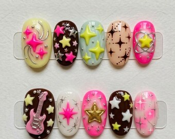 Handmade Y2K Star Press On Nails | 3D Sculpted Stars Guitar Charm Celestial Nail Art | Edgy Kawaii Nails