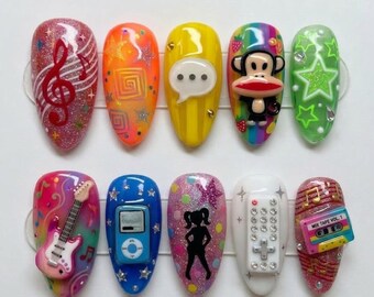 Retro Music Press On Nails | Y2K Pop Art 3D Guitar Cassette Player Monkey Details | Handmade Colorful Nails Party