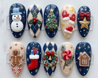 Handmade Christmas Press On Nails | 3D Sculpted Snowman Gingerbread Christmas Tree Nail Art | Cozy Vintage Holiday Nails