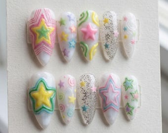 Pastel Star Press On Nails | Kawaii Y2K 3D Puffy Stars Swirls Glitter Art | Handmade Dreamy Candy Colors Milky White Nails