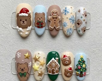 Handmade Christmas Bear Press On Nails | 3D Teddy Bear Gingerbread House Snowflake Nail Art | Cute Cozy Kawaii Winter Holiday Nails