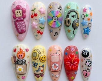 Handmade Y2K Press On Nails | 3D Retro Flip Phone CD Headphones Cherry Nail Art | Kawaii Colorful 90s Party Nails