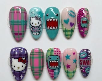 Handmade Y2K Kawaii Press On Nails | Retro Plaid Cat Monster Lip Heart Nail Art | Playful Coquette Pastel Nails