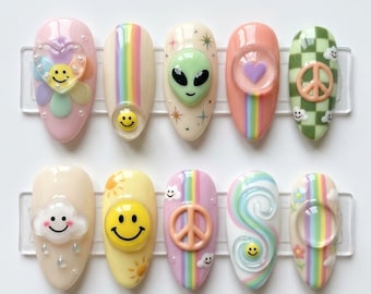 Handmade Kawaii Rainbow Press On Nails | 3D Smiley Face Peace Sign Cloud Nail Art | Cute Pastel Y2K Glossy Finish Nails