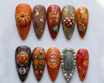 Handmade Thanksgiving Press On Nails | 3D Pumpkin Acorn Autumn Leaf Nail Art | Rustic Vintage Harvest Fall Nails