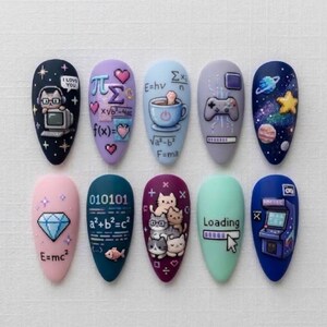 Handmade Nerdy Geek Press On Nails | 3D Gamer Controller Math Formula | Cute Cats Computer Science Pastel Tech Nail Art
