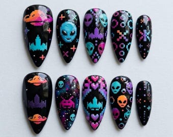 Handmade Y2K Alien Press On Nails | 3D Cosmic UFO Pixel Art Space Invader Nail Design | Retro Black Nails