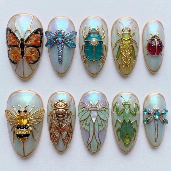 3D Insect Press On Nails | Vintage Bug Nail Art | Butterfly Beetle Dragonfly Gel Nails | Handcrafted Fake Nails Set