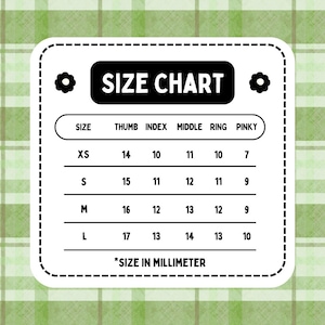 May include: A white square size chart with rounded corners and a dashed border, featuring the text SIZE CHART at the top. It lists sizes XS, S, M, and L with corresponding measurements in millimeters for thumb, index, middle, ring, and pinky fingers.