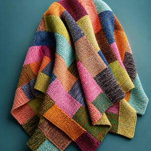 Pode incluir: Uma manta de malha com um design de patchwork de blocos retangulares em cores vibrantes, incluindo laranja, rosa, verde-limão, azul-petróleo, roxo e castanho escuro. O tecido apresenta um padrão de ponto texturizado visível em toda a superfície.