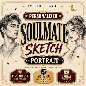 Puede incluir: Un gráfico digital con el texto EVERLIGHTTAROT, PERSONALIZED SOULMATE SKETCH PORTRAIT y YOUR SOULMATE, DRAWN JUST FOR YOU. Incluye bocetos a lápiz de un hombre y una mujer, además de tres etiquetas de color dorado y rojo oscuro.