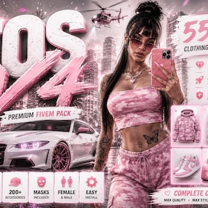 May include: A digital promotional graphic for a FiveM clothing pack titled TOS V4, featuring a pink-themed aesthetic with a white sports car, a helicopter, and a person in pink camouflage clothing. Includes icons for clothes, shoes, and accessories.