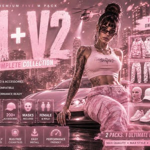 Könnte beinhalten: Eine digitale Werbegrafik für eine Bekleidungskollektion mit dem Titel V1 + V2 Complete Collection. Das Bild zeigt eine Person in rosa Kleidung, bestehend aus einem bauchfreien Oberteil und Cargohose, mit Texten über 55.000+ Kleidungsstücke, Schuhe, Accessoires und Masken.