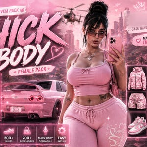 May include: A digital advertisement for a premium FiveM clothing and accessory pack titled Thick Body Female Pack. The image features a person in a pink ribbed crop top and sweatpants, a pink sports car, and a grid of pink apparel and accessories.