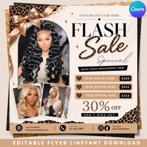May include: A digital flyer template for a hair salon flash sale featuring a beige background with leopard print accents, a large gold bow, and three photos of individuals with different hairstyles. Text includes FLASH SALE, 30% OFF, and placeholders.