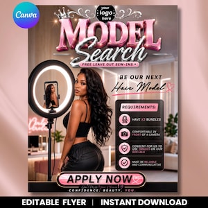 May include: A digital flyer for a model search featuring a person with long dark hair, a ring light, and text including MODEL SEARCH, BE OUR NEXT HAIR MODEL, REQUIREMENTS, and APPLY NOW. The design uses pink and black colors with metallic accents.