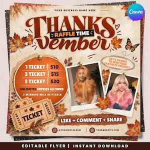 Könnte beinhalten: Ein digitaler Tombola-Flyer mit dem Titel THANKS RAFFLE TIME VEMBER, verziert mit Herbstblättern, einem Schmetterling und zwei Fotos von Personen mit langem Haar. Er listet Ticketpreise von 10, 15 und 20 Dollar sowie Handlungsaufforderungen.