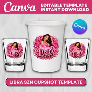 以下が含まれることがあります： 白いカップと2つの透明なショットグラス。人物、Aaliyah's LIBRA SZNというテキスト、装飾的な要素が描かれたピンクのグラフィックデザインが施されています。デザインには、ピンクの風船、ダイヤモンド、円形に配置された天秤座のシンボルが含まれています。