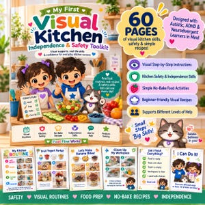 Może przedstawiać: Książka My First Visual Kitchen Independence & Safety Toolkit zawierająca 60 stron wizualnych umiejętności kuchennych, zasad bezpieczeństwa i prostych przepisów. Okładka przedstawia dwoje dzieci i kota oraz sześć małych kart.