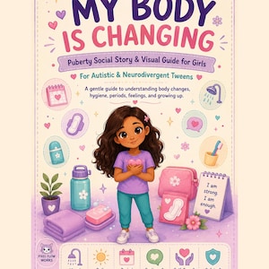 Pode incluir: Uma capa de livro intitulada My Body Is Changing: Puberty Social Story & Visual Guide for Girls for Autistic & Neurodivergent Tweens. Apresenta uma menina desenhada rodeada por ícones de higiene, um calendário, uma garrafa de água e um cartaz.