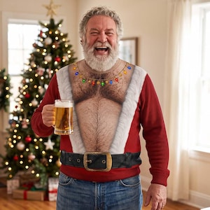 May include: A red long-sleeve sweater featuring a printed graphic of a hairy chest with a string of colorful Christmas lights around the neck and a black belt with a gold buckle at the waist, worn with blue denim jeans and holding a glass of beer.