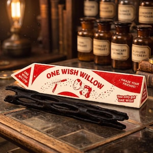 May include: A triangular white and red box labeled ONE WISH WILLOW with illustrations of two faces and the text AMAZE YOUR FRIENDS and You only get ONE WISH, positioned behind a dark, textured, elongated wooden object with hollow openings.