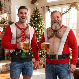 Könnte beinhalten: Zwei langärmelige Pullover mit einem realistischen Aufdruck einer behaarten Brust. Der linke Pullover hat eine rote Krawatte und einen schwarzen Saum mit Weihnachtsbaum-Motiv. Der rechte Pullover zeigt eine bunte Lichterkette und einen Gürtel.