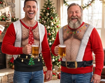 Funny Santa Abs Belly Body For Husband Dad Grandpa,Santa Fake Abs Hairy 3D Sweatshirt,Chirstmas Gag Gift,Unisex Ugly Sweater