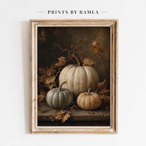Decorazione murale vintage con zucca, natura morta autunnale neutra, dipinto di zucca bianca, arredamento autunnale in stile cottagecore scuro, stampa rustica in stile fattoria