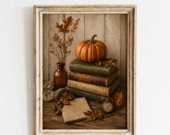 May include: A framed art print titled PRINTS BY RAMLA featuring an orange pumpkin resting on a stack of four antique books, a brown glass vase with dried foliage, a handwritten letter, and a vintage pocket watch on a wooden surface.