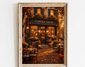 May include: A framed wall art print depicting a coffee shop storefront during autumn. The scene features warm golden lighting, orange foliage, and pumpkins scattered on the ground. The text COFFEE SHOP is displayed above the entrance door.