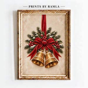 Decoración de pared navideña vintage con campanas, lazo de terciopelo rojo y campanas doradas, lámina navideña de acebo y pino para imprimir, descarga digital rústica para las fiestas.