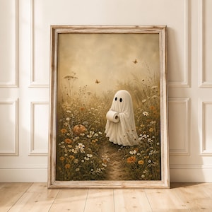 Puede incluir: Una impresión de arte mural enmarcada que representa una figura de fantasma blanca envuelta en una sábana, sosteniendo un rollo de papel higiénico blanco. La escena se sitúa en un campo de flores silvestres y hierbas altas con una pequeña calabaza.