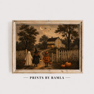 May include: A framed art print titled PRINTS BY RAMLA depicting three figures in costumes walking toward a house at dusk. A ghost, a witch, and a pumpkin-clad figure walk along a path behind a white picket fence under a crescent moon.