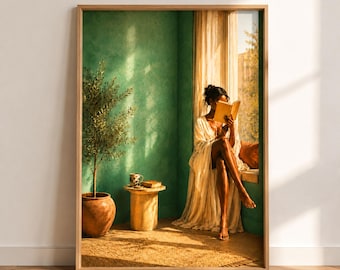 May include: A framed wall art print depicting a person in a flowing cream-coloured robe sitting by a window and reading a book. The scene features a potted olive tree in a terracotta pot, a small cylindrical side table, and deep green walls.