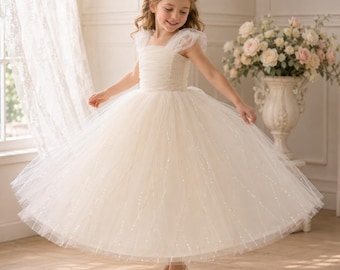 Tulle Flower Girl Dress with Glitter Sequins, Elegant White Princess Party Gown for Toddler Kids, Ruched Mesh Birthday Dress