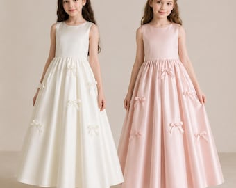 Satin Flower Girl Dress, Minimalist Bows, White Pink Princess Gown, Communion Birthday Party