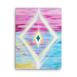 May include: A rectangular canvas painting featuring a central glowing diamond shape with a small teal rhombus at its core. The background consists of horizontal brushstrokes in shades of pink, magenta, light blue, and yellow, creating a soft, ethereal light effect.