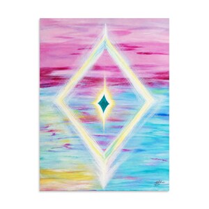 May include: An abstract painting featuring a central glowing diamond shape with a dark teal center. The background consists of blended horizontal brushstrokes in shades of pink, magenta, light blue, and yellow, creating a soft, ethereal gradient effect.